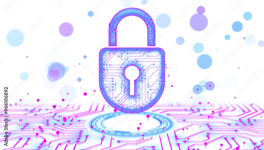 Poster Digital padlock with circuit patterns, neon outlines, and holographic elements on an abstract white background. Concept of cybersecurity. 3D Rendering