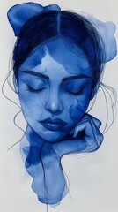 A serene depiction of a woman with closed eyes, created using blue ink and watercolor techniques, representing peace, calmness, and introspection with delicate details.