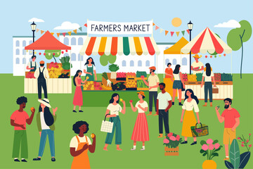 Farmers market, Bazaar, Vendors offer organic farmer production and vegetables, Local farm vegetables, Eco marketplace, Bazaar domestic produce, Flat vector illustration
