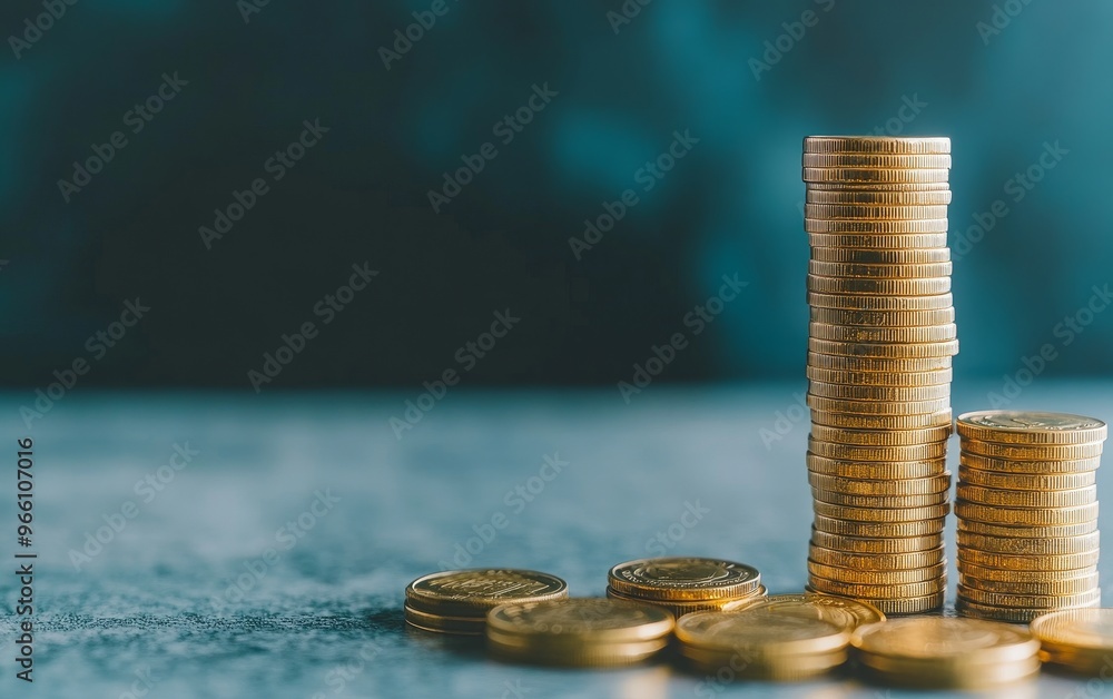 Poster a collection of stacked and scattered coins on a textured surface, symbolizing wealth and finance.