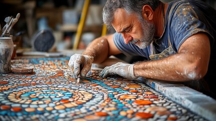 Talented tile setter artfully arranging and grouting decorative tiles, their creativity and technical prowess showcased