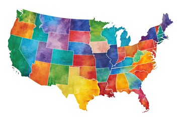 Vibrant colorful illustration of the contiguous United States featuring all 48 states, with bold black outlines and subtle textures, on a clean white background.