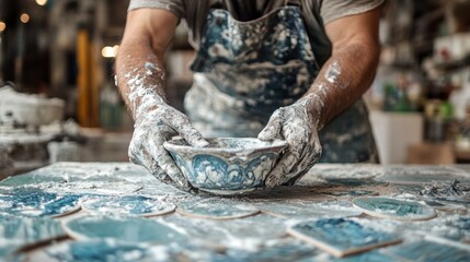 Talented tile setter artfully arranging and grouting decorative tiles, their creativity and technical prowess showcased