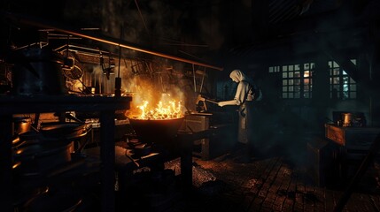 A blacksmith works at a forge with fire in a dimly lit workshop, surrounded by tools and equipment, creating a dramatic and atmospheric scene.