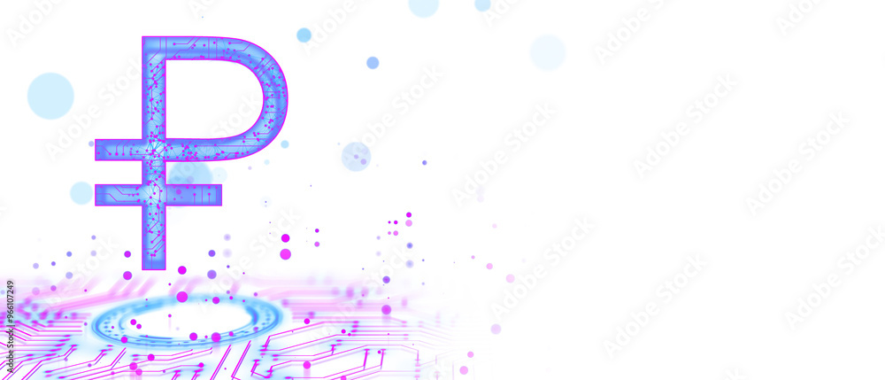Poster Digital representation of a currency symbol with neon circuit elements, isolated on a white background. Concept of modern technology and finance. 3D Rendering