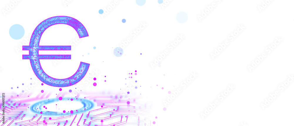 Poster Neon Euro symbol with circuit design, isolated on a white background. Modern digital and technological concept. 3D Rendering