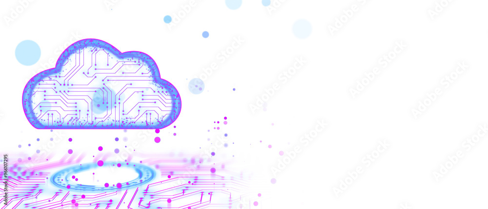 Poster Digital cloud icon with neon circuit board pattern on white background. Modern technology concept. 3D Rendering