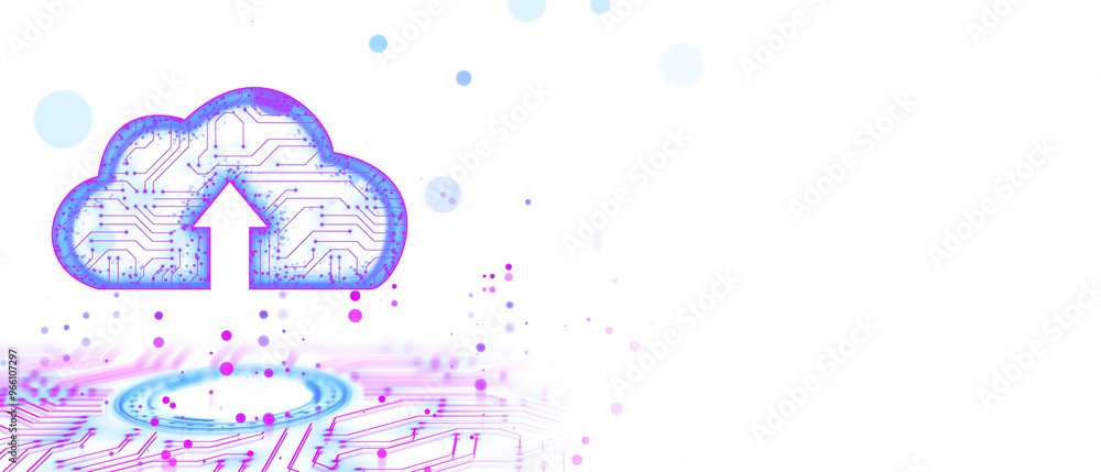 Poster Digital cloud upload icon with circuit design. Neon blue and purple colors on white background. Concept of virtual data storage. 3D Rendering