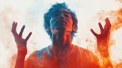 Medium shot of an inspired Asian artist, their hands gesturing with expressive passion, face alight with imaginative vision, isolated on a white background