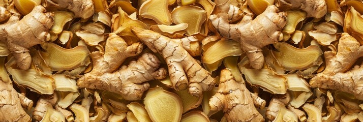 Fototapeta premium Ginger root texture background, dry zingiber officinale pattern, turmeric mockup, dry spice seasoning