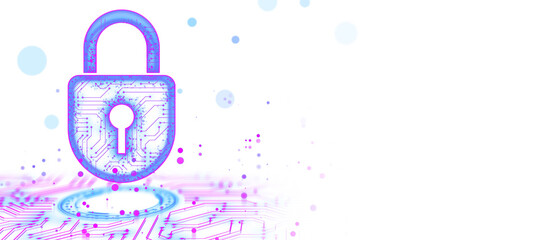 Digital padlock with a circuit design, blue neon lines, and holographic effects on a white background. Concept of virtual security. 3D Rendering