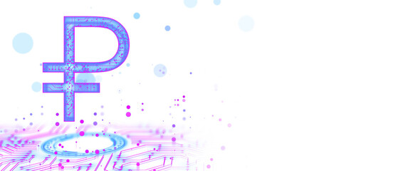 Obraz premium Digital representation of a currency symbol with neon circuit elements, isolated on a white background. Concept of modern technology and finance. 3D Rendering