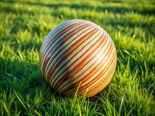 Fototapeta premium A colorful striped ball resting on lush green grass, perfect for outdoor play and summer fun.