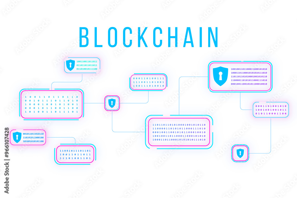 Poster blockchain technology concept featuring digital blocks connected by neon lines, isolated on a white 