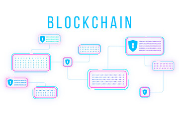 Blockchain technology concept featuring digital blocks connected by neon lines, isolated on a white background. 3D Rendering