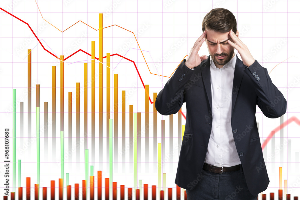 Poster businessman in suit holding head in pain. background shows declining bar and line graphs. concept of