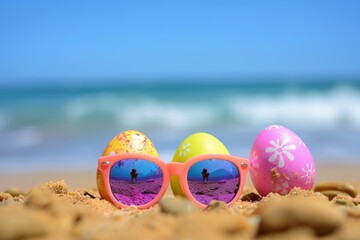 Obraz premium Happy Easter Eggs with Sunglasses on Ocean, Easter Travel, April Holiday Vacation