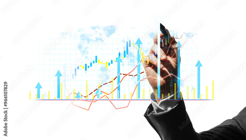 Poster Hand writing on a virtual graph with blue upward arrows and bar charts on a white background. Concept of business growth and success