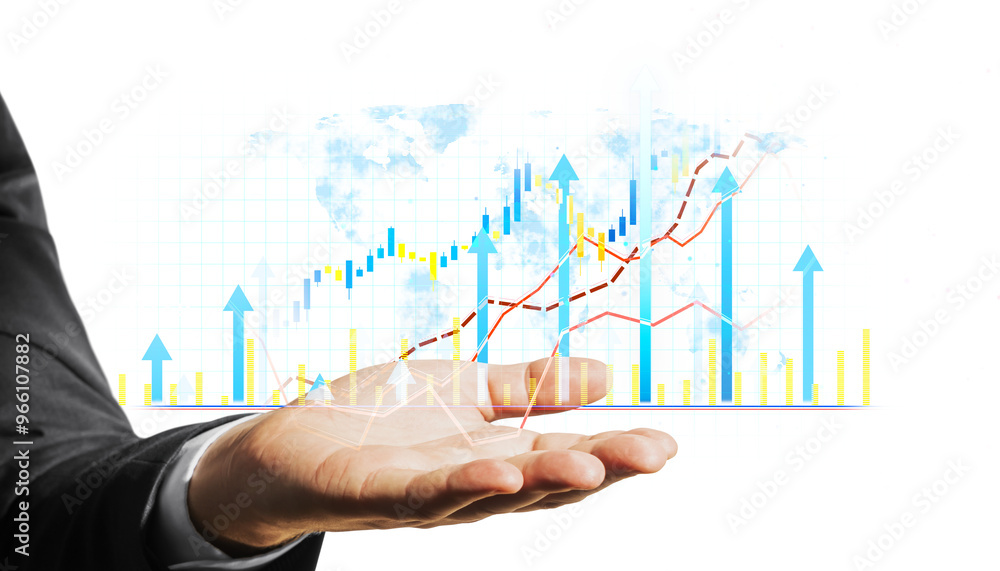 Poster hand holding a financial graph with colorful bars and arrows on a white background. concept of growt