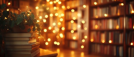 Obraz premium Cozy bookshop string light bokeh on warm brown background