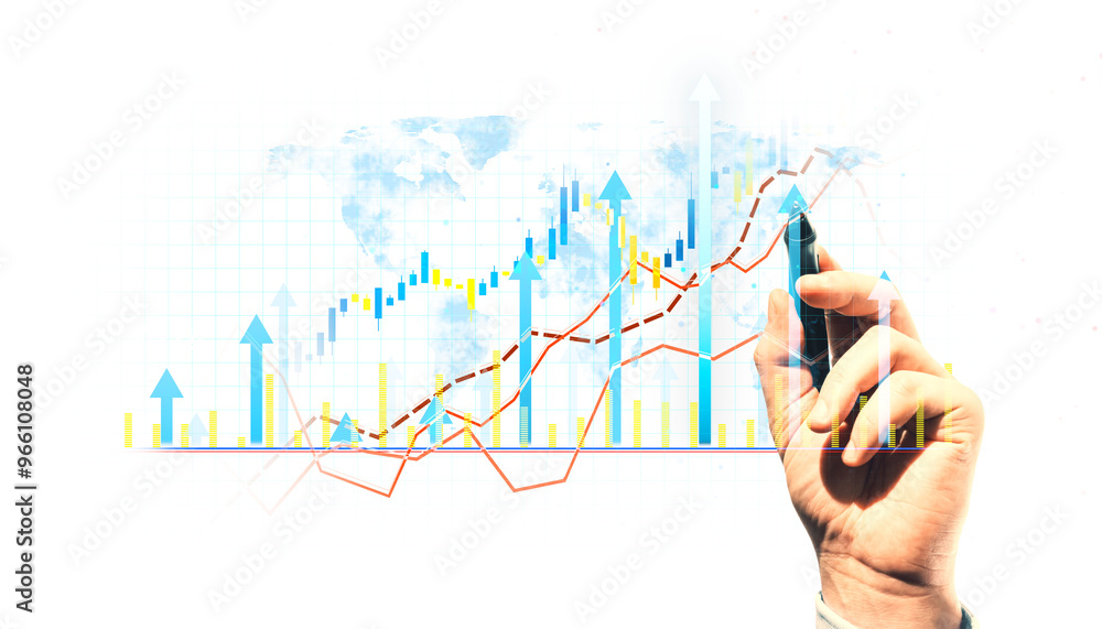 Poster hand drawing a financial chart with upward arrows, bar graphs, and a world map on a white background