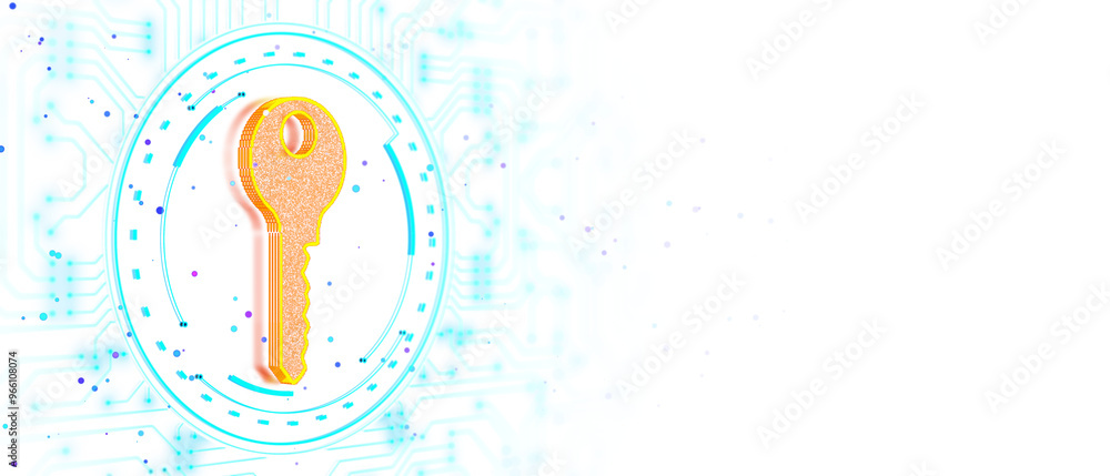 Poster An orange key graphic with a digital blue circuit design on a white background, representing technology and security concepts. 3D Rendering
