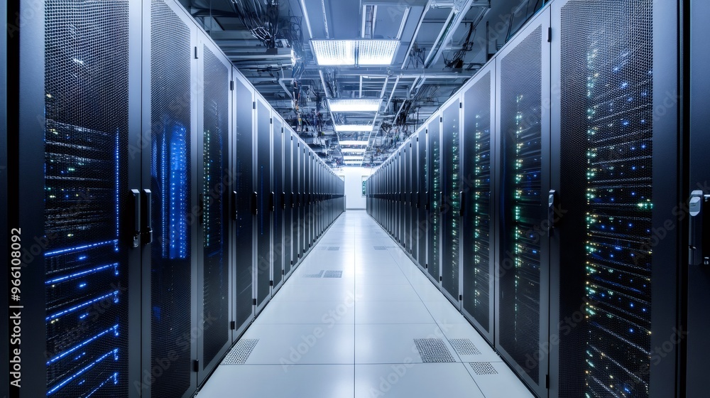 Poster rows of server racks in a data center with blue lights illuminating the equipment.