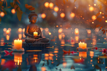 Beautiful greeting card with ancient statue great Buddha to bright holiday composition