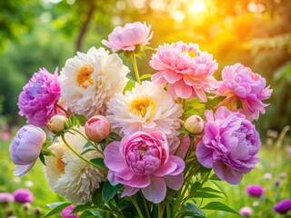 A vibrant bouquet of peony flowers blooming beautifully in sunlight, perfect for seasonal decorations and floral arrangements.