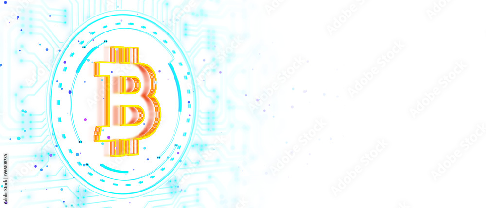 Poster Digital Bitcoin symbol with neon blue circuit lines on a white background. Modern, digital, and virtual currency concept. 3D Rendering