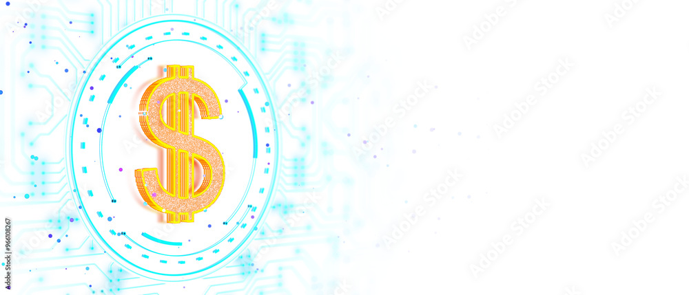 Poster Neon dollar symbol with circuit lines on a clean white background, representing modern virtual currency and technology. 3D Rendering