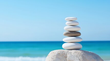 Fototapeta premium A serene stack of smooth stones balanced by the ocean, symbolizing peace and harmony in a tranquil coastal setting.