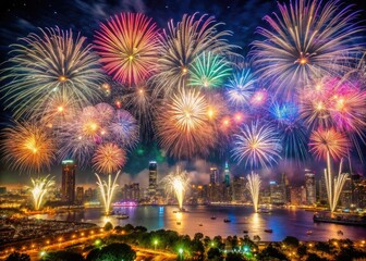 Vibrant fireworks explode above a crowded cityscape at midnight, illuminating a sea of confetti-filled revelers, champagne toasts, and joyful celebrations to ring in the new year.