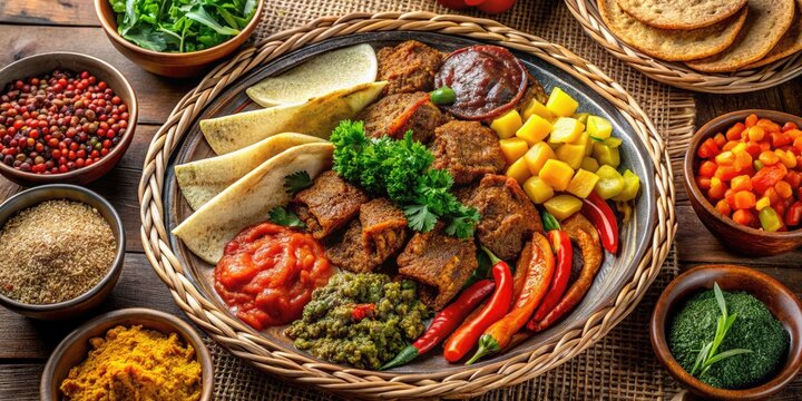 Vibrant Ethiopian Cuisine Spread Features Injera Bread, Spicy Stews, And Vegetable Dishes Arranged On A Traditional Woven Basket