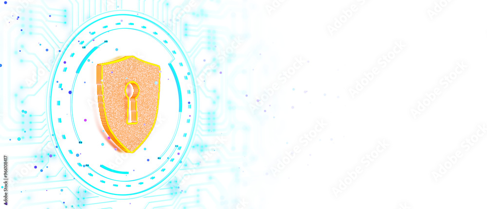 Aufkleber Digital shield icon with a keyhole on a neon blue circuit board background, representing cybersecurity and data protection. 3D Rendering