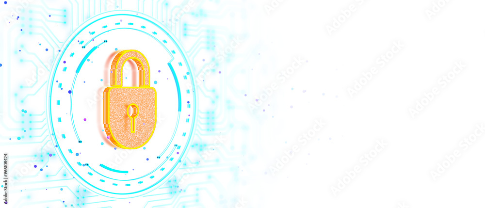 Aufkleber digital padlock in gold with circuit design and blue neon accents, isolated on a white background. c