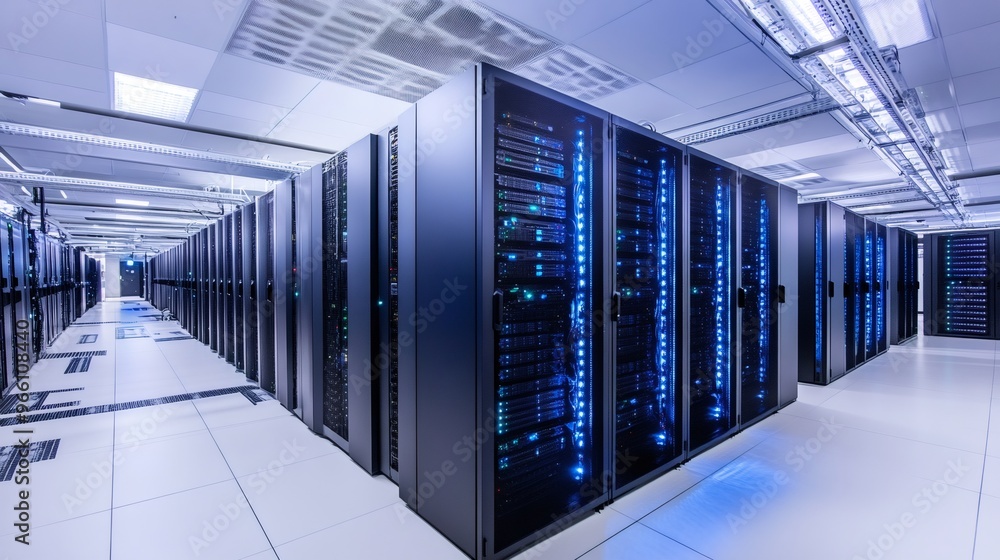 Poster rows of server racks with blue lights in a modern data center.