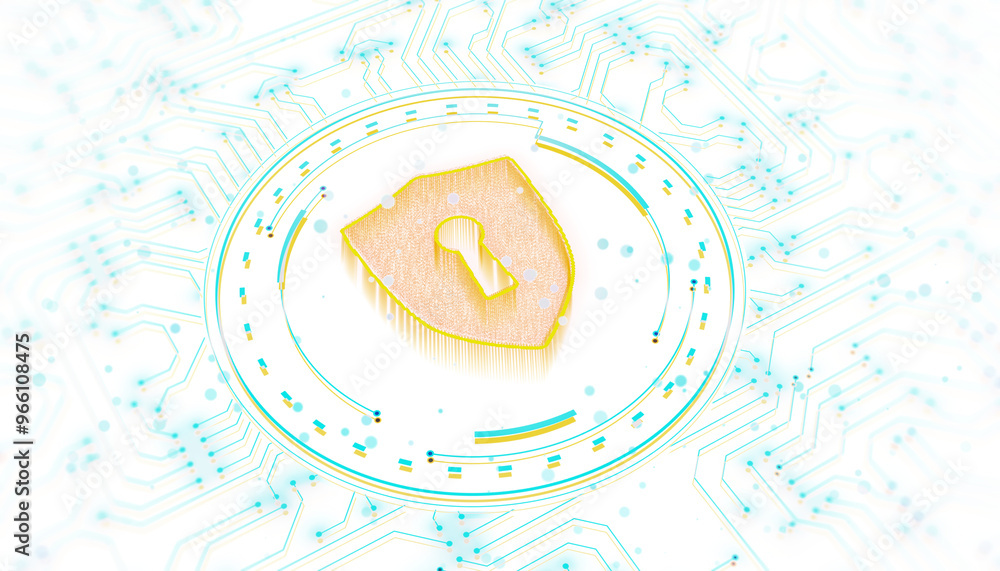 Poster shield with keyhole icon on a blue neon circuit board background, symbolizing cybersecurity and data