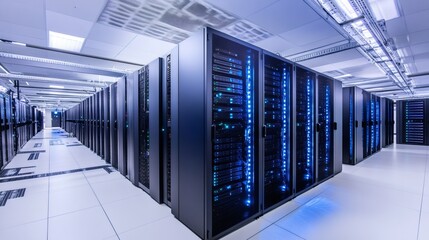 Rows of server racks with blue lights in a modern data center.