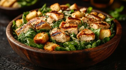 Grilled chicken caesar salad in wooden bowl, close-up. Healthy eating and gourmet cuisine concept