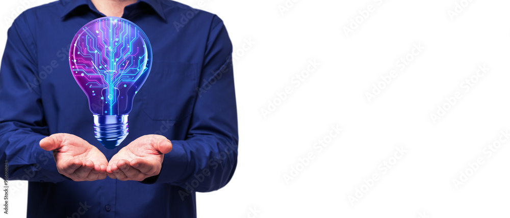 Poster person in a blue shirt holding a glowing light bulb with a technological circuit pattern. white back
