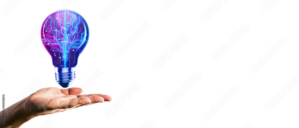 Poster Hand holding a glowing light bulb with circuit patterns, isolated on a white background. Concept of innovation and technology