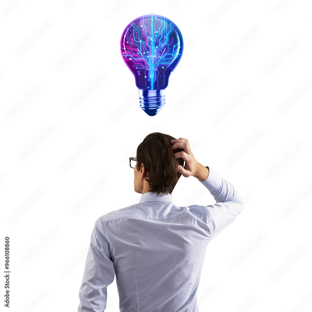 Poster man scratching his head in confusion, facing a digital circuit light bulb above him. isolated on whi