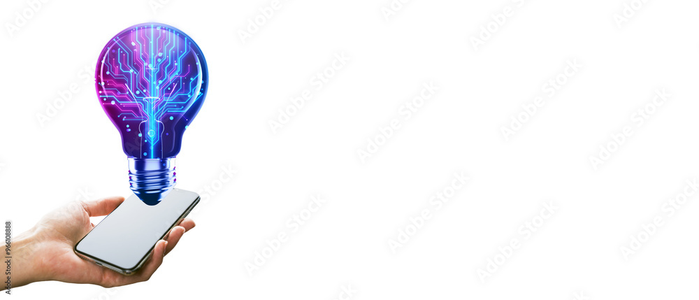 Poster a hand holding a smartphone with a digital light bulb emerging from it. white background. concept of
