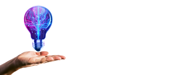 Hand holding a glowing light bulb with circuit patterns, isolated on a white background. Concept of innovation and technology