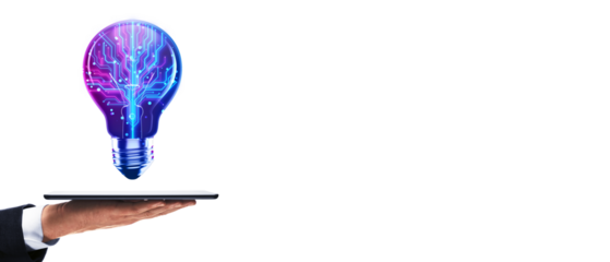 Businessman's hand holding a tablet with a glowing light bulb displaying a neural network on a white background. Concept of technology and AI