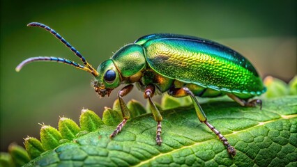 Naklejka premium Vibrant green flea beetle perches on a delicate, intricate leaf edge, showcasing minute details of its metallic body and antennae in stunning, crisp focus.