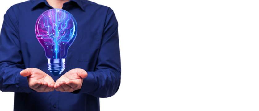 Person in a blue shirt holding a glowing light bulb with a technological circuit pattern. White background. Concept of innovation and technology