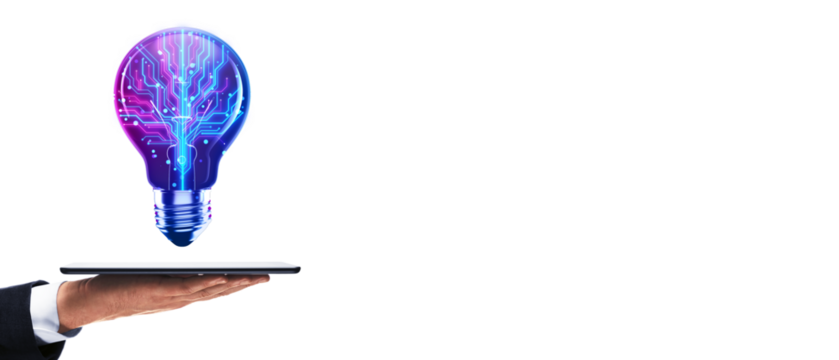 Businessman's hand holding a tablet with a glowing light bulb displaying a neural network on a white background. Concept of technology and AI