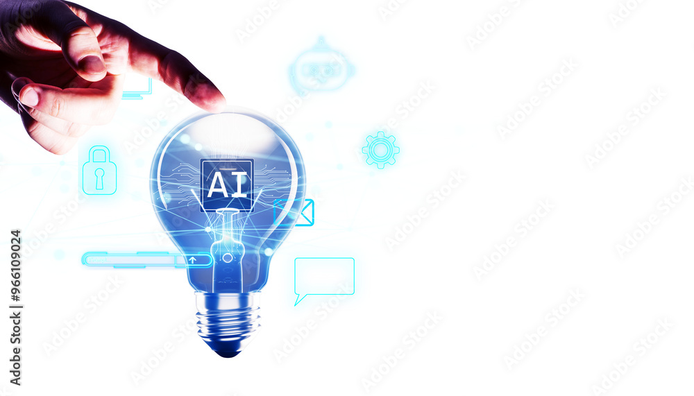 Poster a hand points at a light bulb with an ai symbol inside, surrounded by technology icons on a white ba
